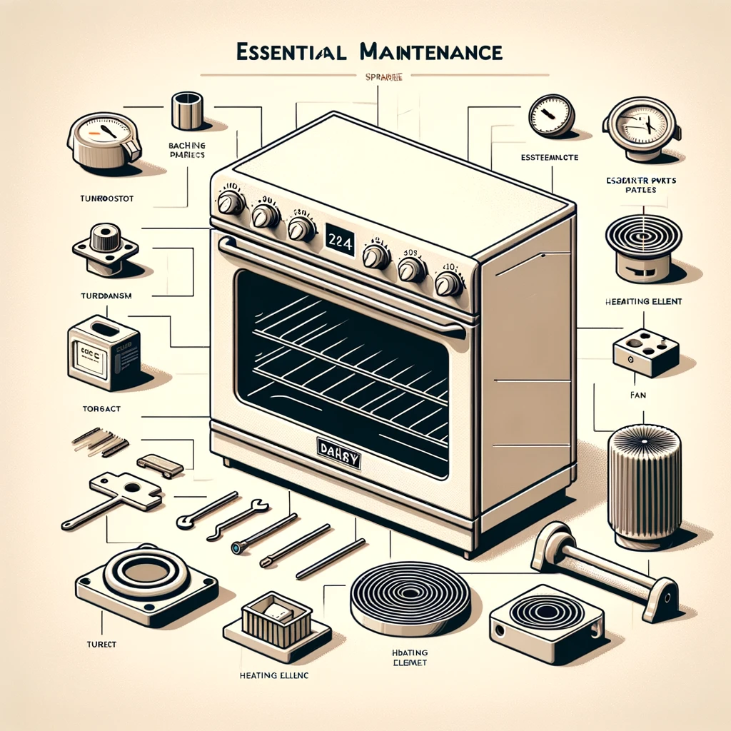 Dall·e 2024 02 23 12.41.34 A Basic And Generic Illustration Depicting The Concept Of Essential Maintenance And The Importance Of Spare Parts In The Efficiency Of Bakery Ovens. T
